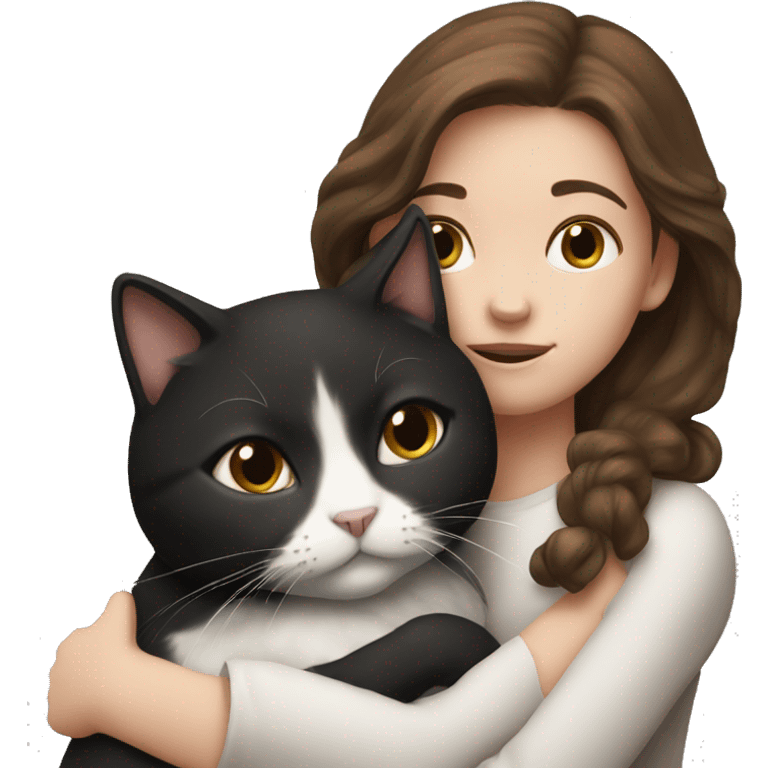 Girl with brown hair cuddling with black and white cat emoji