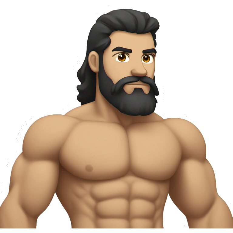 tan white man with long brown hair and a thick black beard with muscles and abs, drinking a protein shake emoji