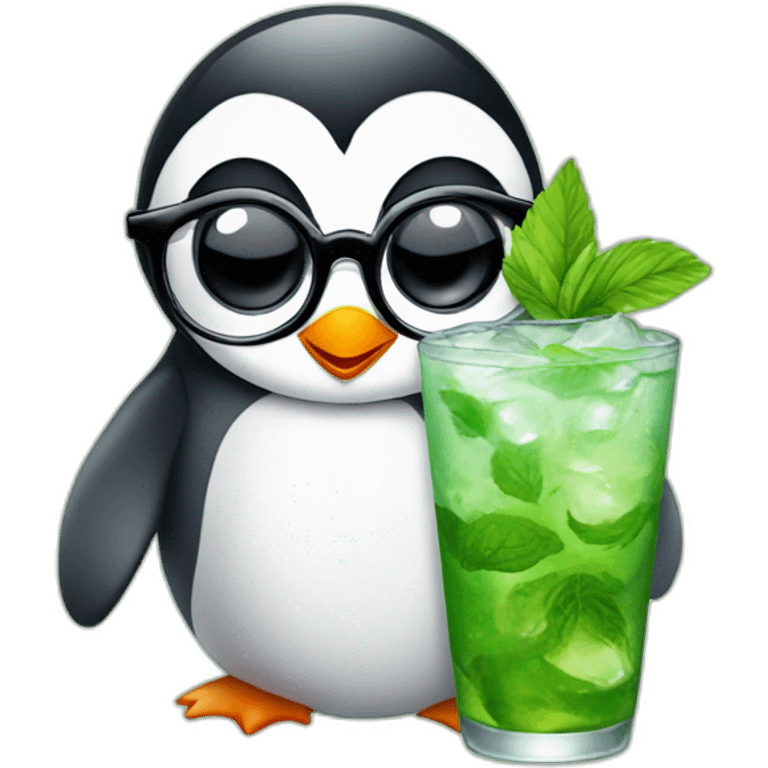 baby penguin with big glasses drinking mojito emoji