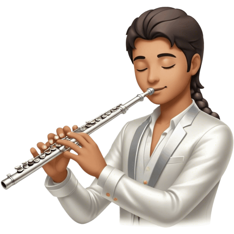 Cinematic Realistic Flute, polished silver metal with precise keywork, soft reflections of warm light dancing along its length, a musician’s delicate fingers pressing the keys, glowing with a sleek and elegant charm. emoji