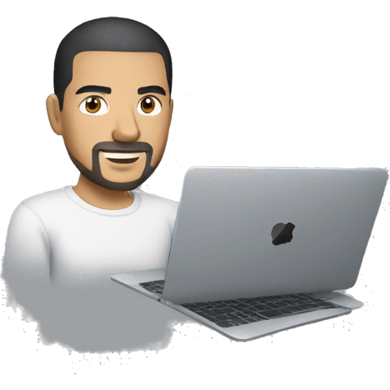 mexican man buzz cut hair with black stubble beard and black eyes in casual clothes, holding macbook laptop. emoji