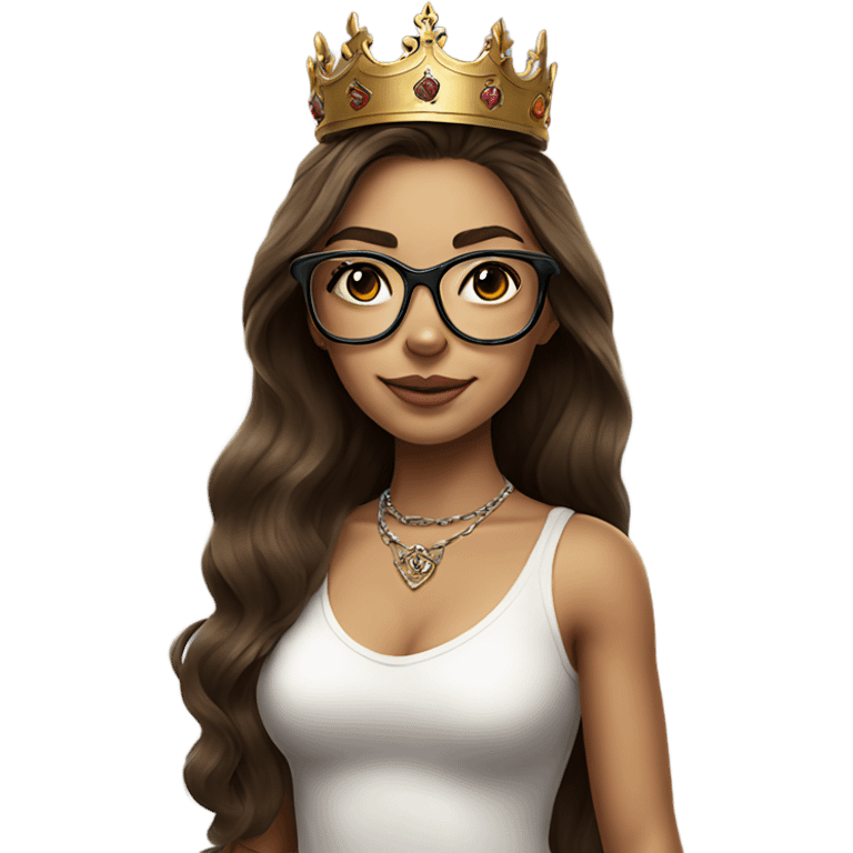 Hyperrealistic beautiful  girl, wearing a crown and glasses with tattoos, with long brown hair  emoji