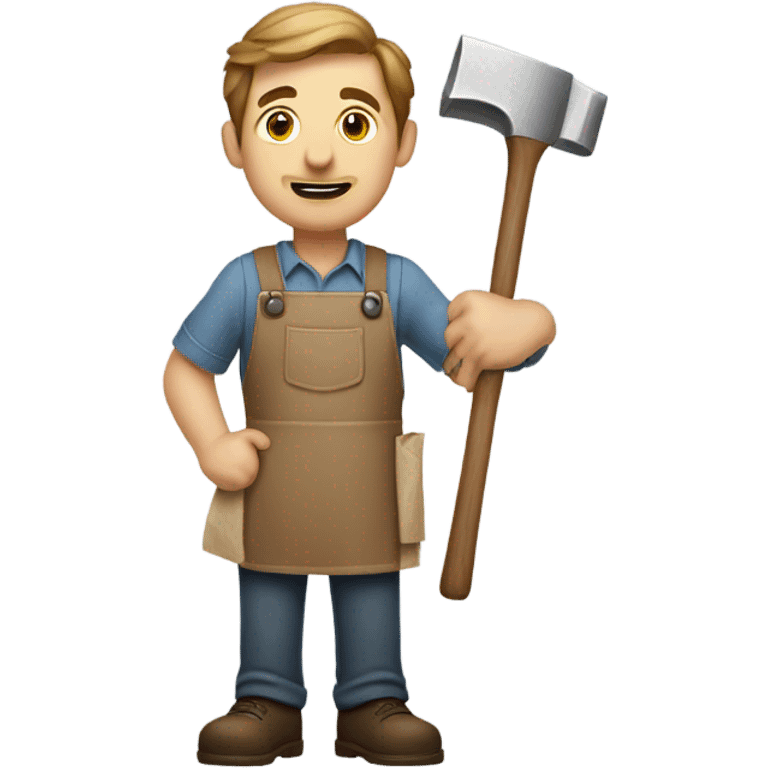 "A sturdy man with rough hands, short light brown hair, and a friendly, naive expression. He wears a work apron over simple clothes and holds a hammer or wood in a rustic workshop." emoji