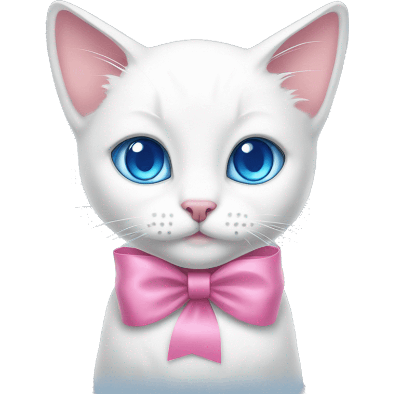 а white cat blue eyes a pink ribbon cutely laying  emoji