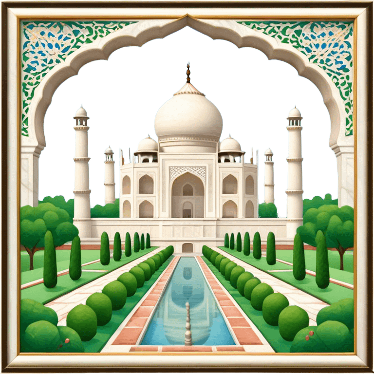 Cinematic Realistic Taj Mahal Landmark Emoji, depicted as the iconic marble mausoleum set amidst lush gardens rendered with intricate detail and ethereal, soft lighting. emoji