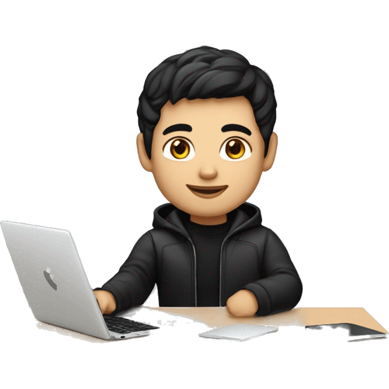 memoji of a man with a laptop in front, apple-style, fair white skintone, black jacket or hoodie,modern,black hair,black sweater,computer in hand,sitting on his desk emoji