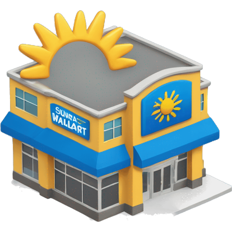 “Walmart store with a simple, recognizable design, featuring the iconic sunburst logo, blue and yellow color scheme, and storefront details that convey a large retail environment.” emoji