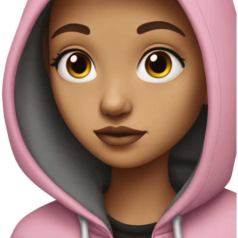 girl wearing a grey and black hoodie, pretty, black eyes, pink lips, facing the side a little bit emoji