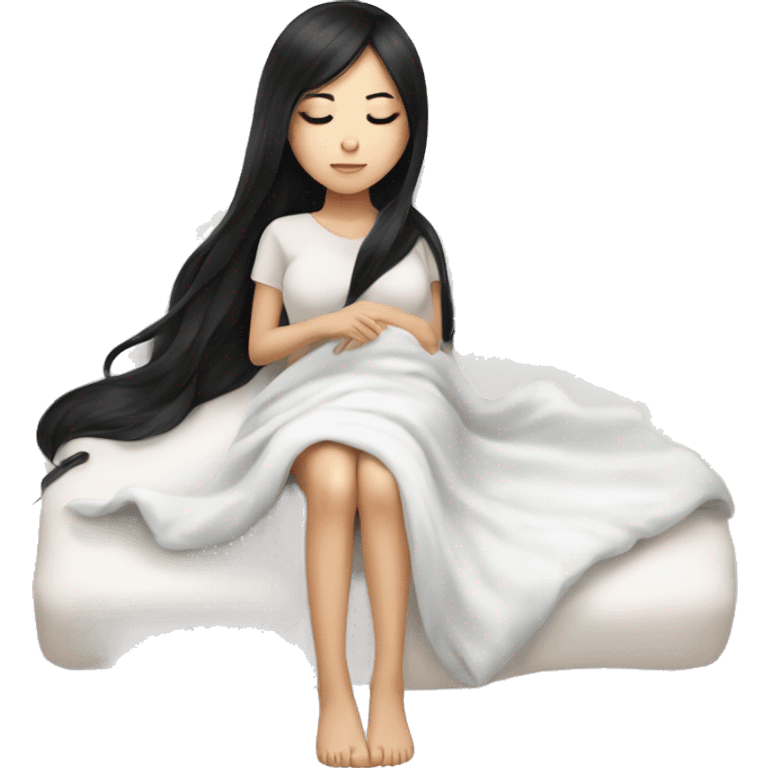 asian cute girl with long beauty black hair sleeping with white blanket and pillow no bed emoji