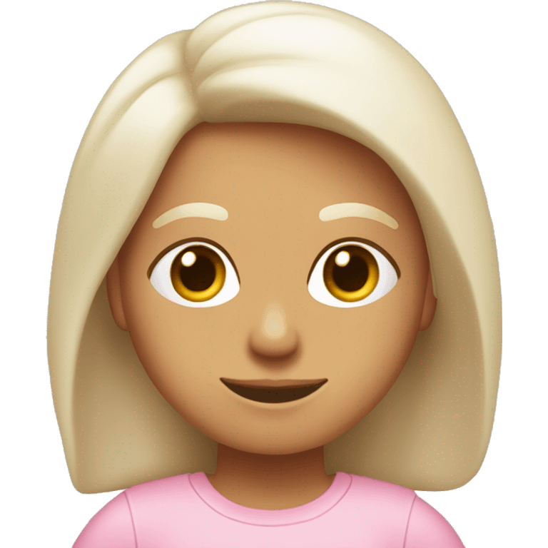 Chica delgada piel blanca, pelo marrón liso hasta los hombros con camiseta rosa claro emoji