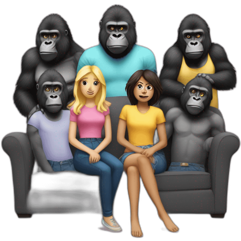 5 gorillas standing behind one blonde girl on a couch emoji