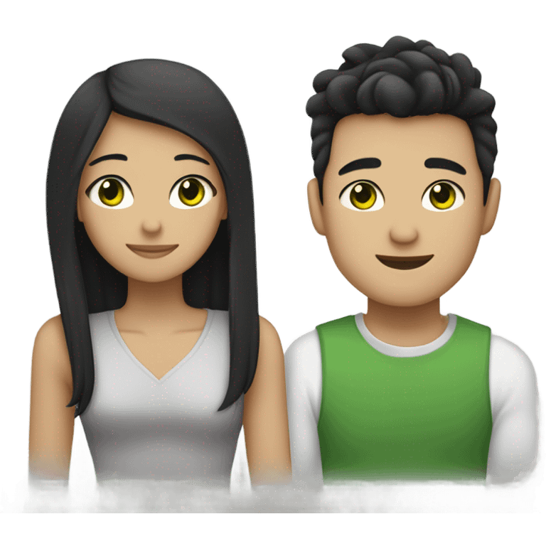 Light skin Asian male with straight black undercut hair and a white brunette female with green eyes and long wavy hair tightly hugging each other  emoji