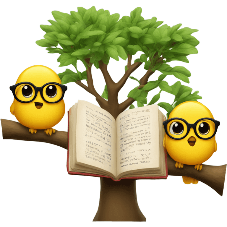 three birds in a tree but only one of them wearing glasses and hanging a book emoji