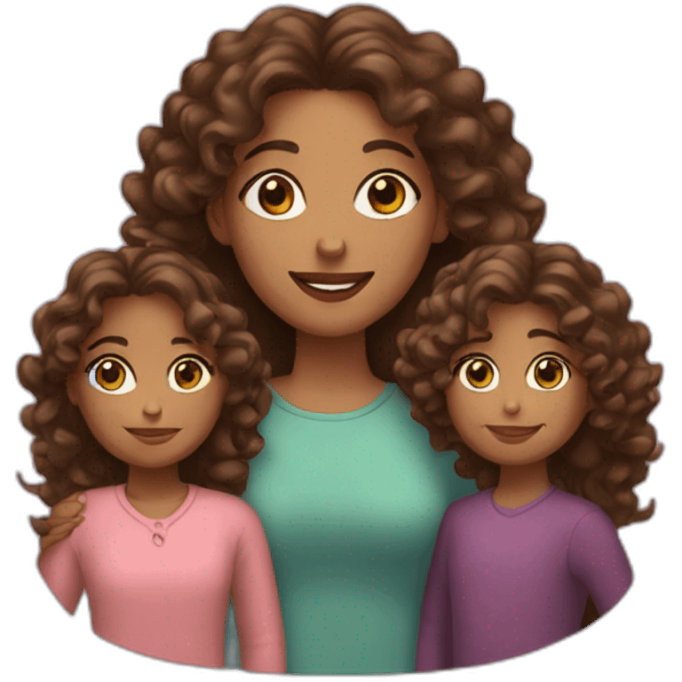 long haired curly brunette brown eyed woman with her two daughters emoji