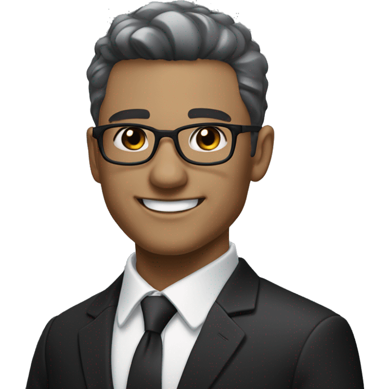 Portrait of an adult smiling man, fair skin, very short black-gray ombre hair, black eyes, wearing a black office suit and a white collared shirt underneath. emoji