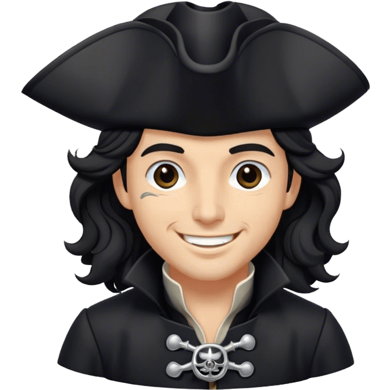 A charismatic pirate with wavy black hair, wearing a black tricorn hat and a sleek black coat with silver buttons, smiling confidently. emoji