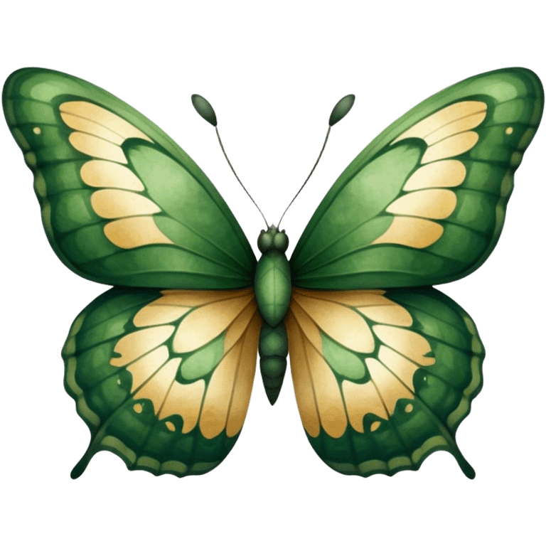 A bold, dark green butterfly with textured watercolor wings resembling leaves, blending natural elements with organic patterns. The wings have tiny golden flecks, adding a touch of elegance to the soft, earthy-toned background.
 emoji