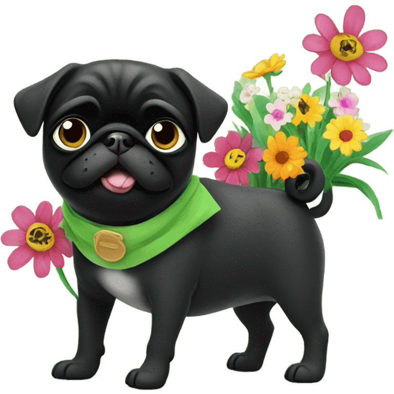 Black pug , surrounded by flowers, holding a green sign that says “good luck”  emoji