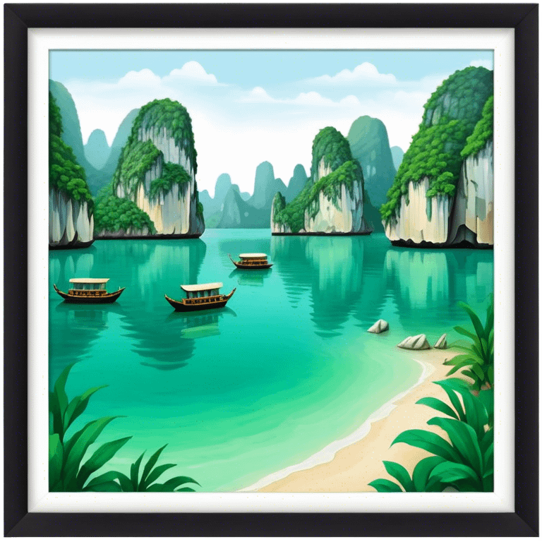 Cinematic Realistic Ha Long Bay Landscape Emoji, depicted with limestone karsts emerging from emerald waters rendered with intricate detail and dynamic natural lighting. emoji