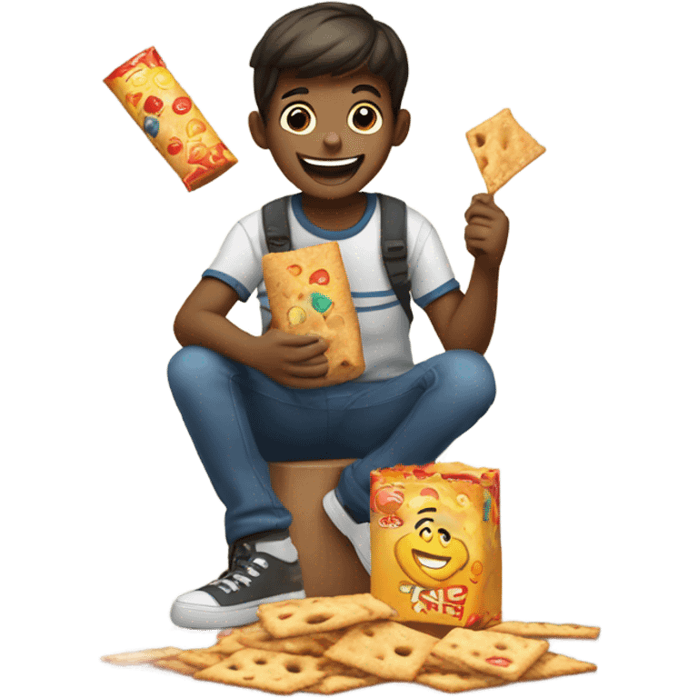 Boy enjoying large cracker indoors emoji