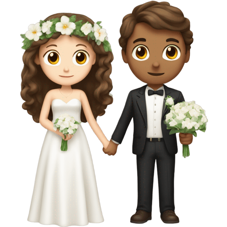 brown hair boy and girl getting married with white flowers in the girls hand and a ring in the boys hand  emoji