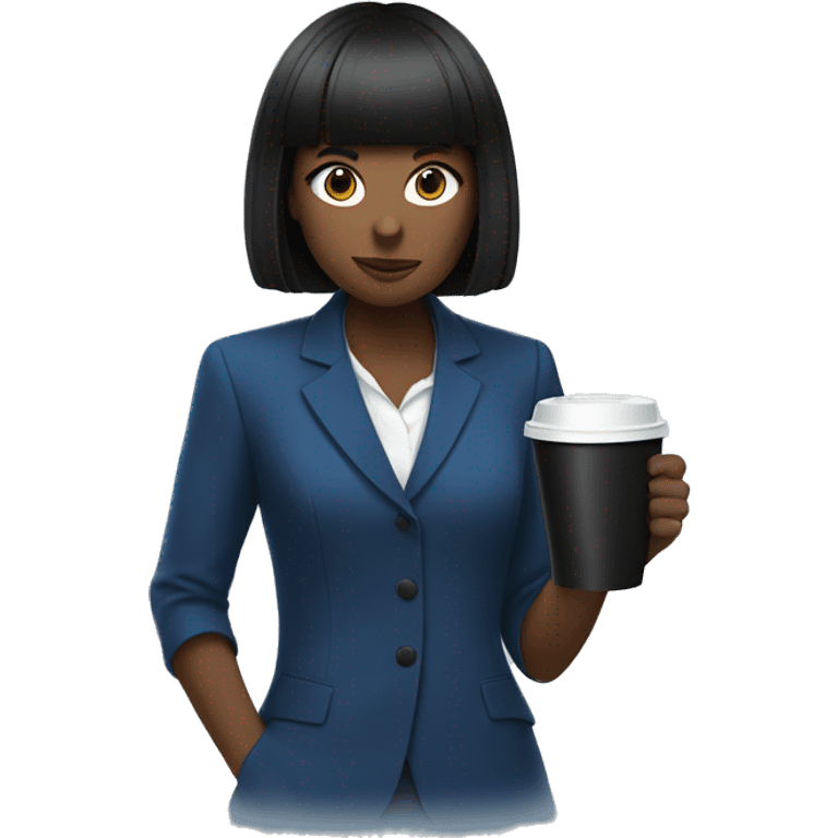 A girl with a black square and short bangs in a blue suit serves a paper black cup of coffee emoji