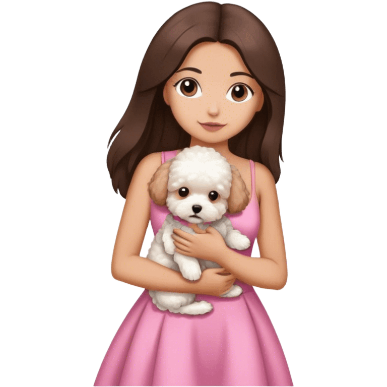 brunette sexy with long straight hair holding white maltipoo in pink dress emoji