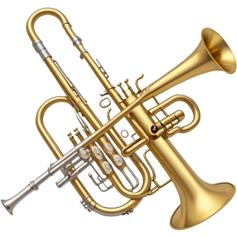 Create a simple and symbolic emoji collage representing wind instruments. Include a variety of iconic elements like the bell of a trumpet, the mouthpiece of a saxophone, and a subtle outline of a trombone. Arrange the elements in a dynamic and balanced way. Use warm metallic tones like gold, brass, and silver for the instruments, with a clean and minimalist design. The background should be transparent, focusing on the shapes and silhouettes of the instruments to convey their essence without excessive detail. emoji