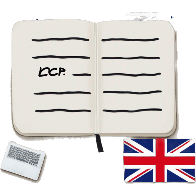 Notebook for writing English words with the Great Britain flag icon and the inscription LCP emoji