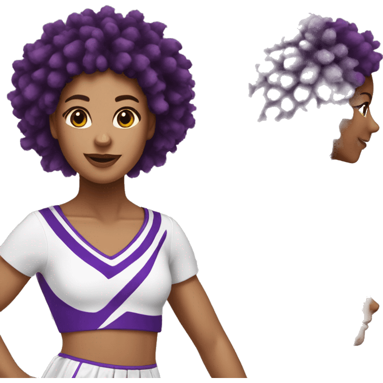 White cheerleader with long brown curly hair and purple Pom-poms emoji