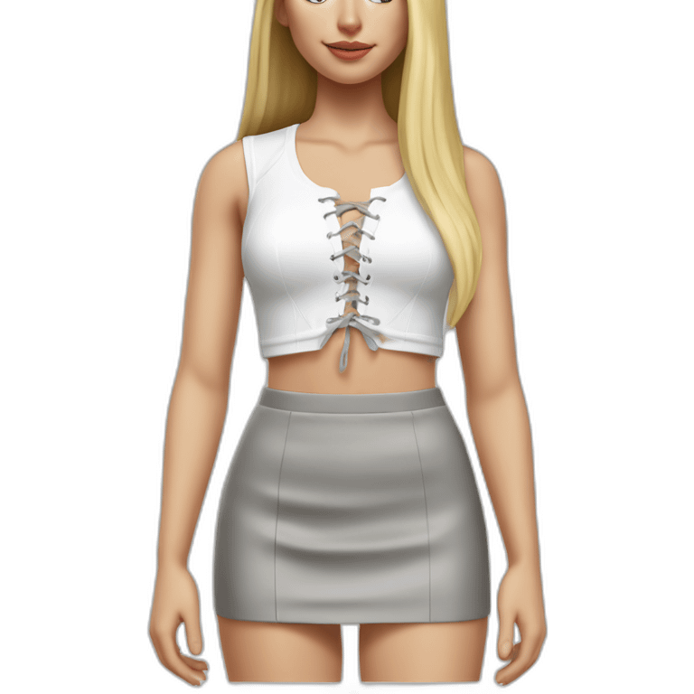 hyperrealistic caucasian female, long straight blonde hair, white lace up crop top, grey tight mini skirt emoji