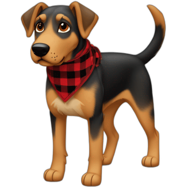 adult 75% Coonhound 25% German Shepherd mix dog with visible tail wearing small pointed red buffalo plaid bandana full body walking left quickly emoji