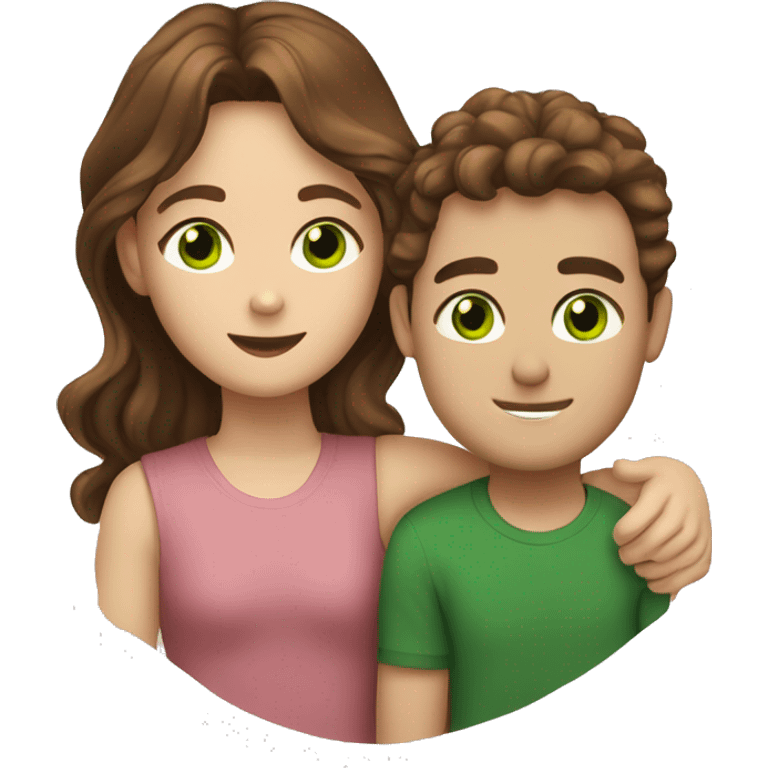 A guy with green eyes and brown hair hugs a girl with green eyes and brown wavy hair emoji