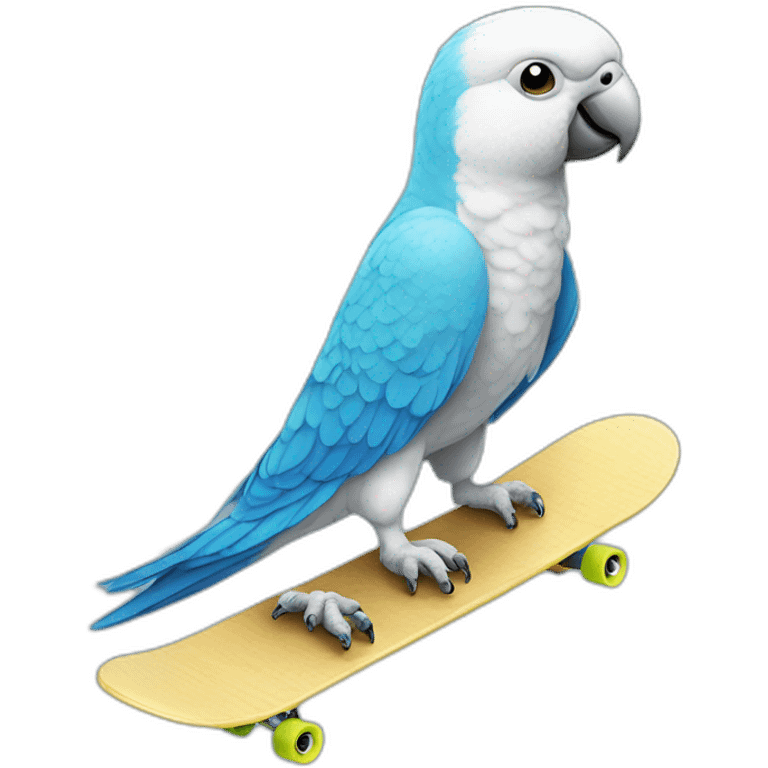 Budgerigar blue and white parrot rides a skateboard emoji