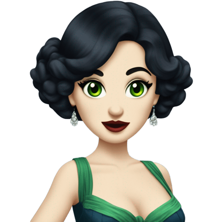 Burlesque dancer with black hair, pale skin, and green eyes in a dark blue vintage costume dancing emoji