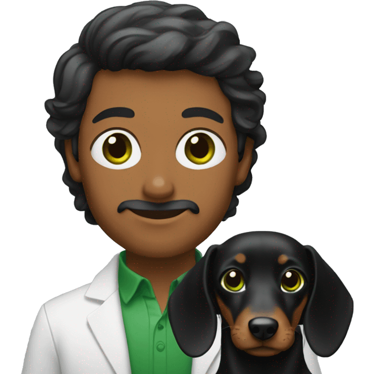 Lebanese with green eyes holding a black dachshund emoji