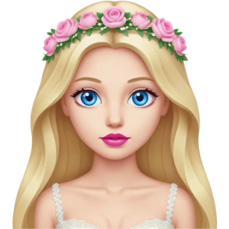 Cinematic realistic blonde with long hair, blue eyes and pink lips in a wedding dress emoji