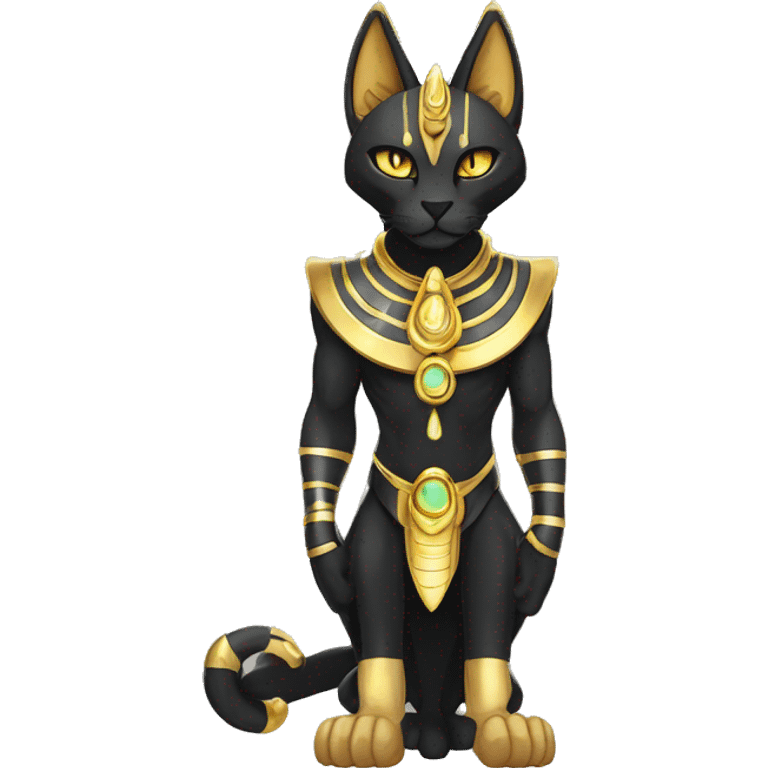 Black godly overpowered ethereal majestic Egyptian Cat-Fakemon. Golden Anubis-Rings and yellow ring-markings. Full body emoji