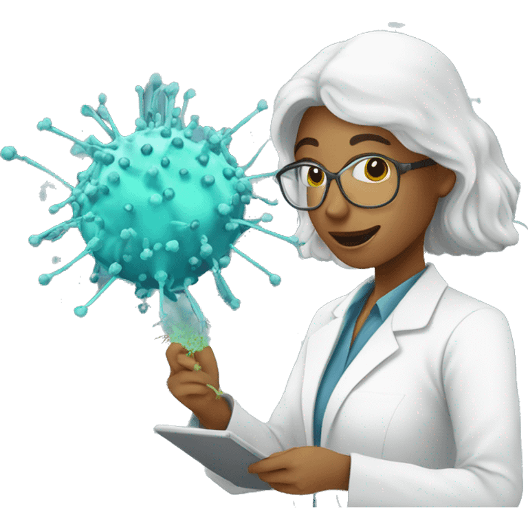 female research scientist working in lab with bacteriophage emoji