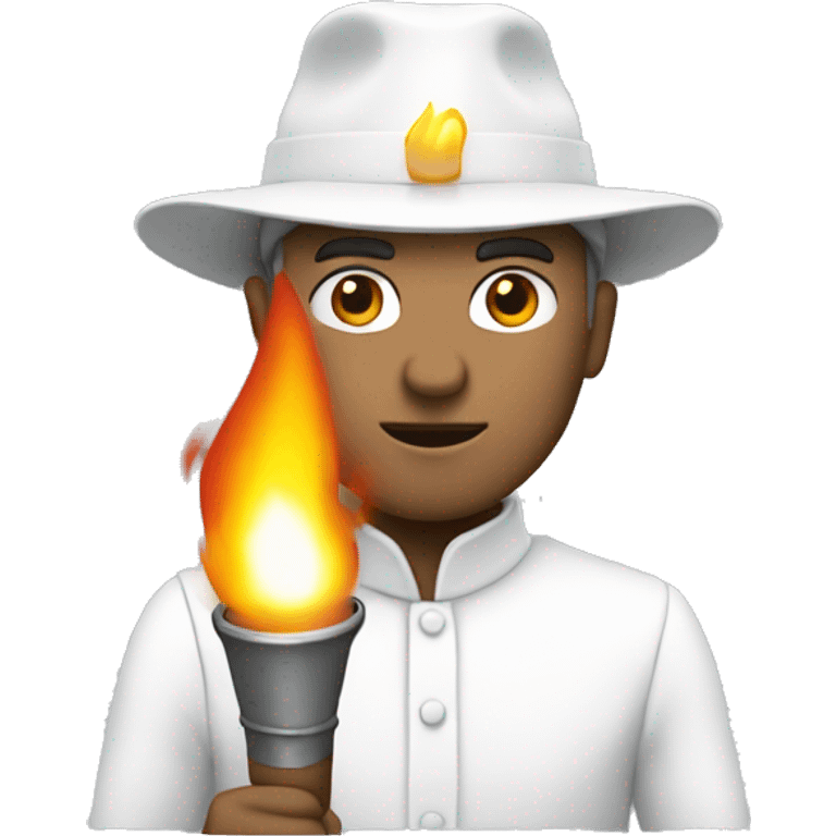 man in white pointed hat holding a torch with fire emoji