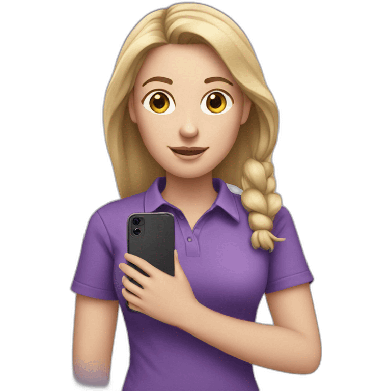 white girl with purple shirt with hand in her phone emoji