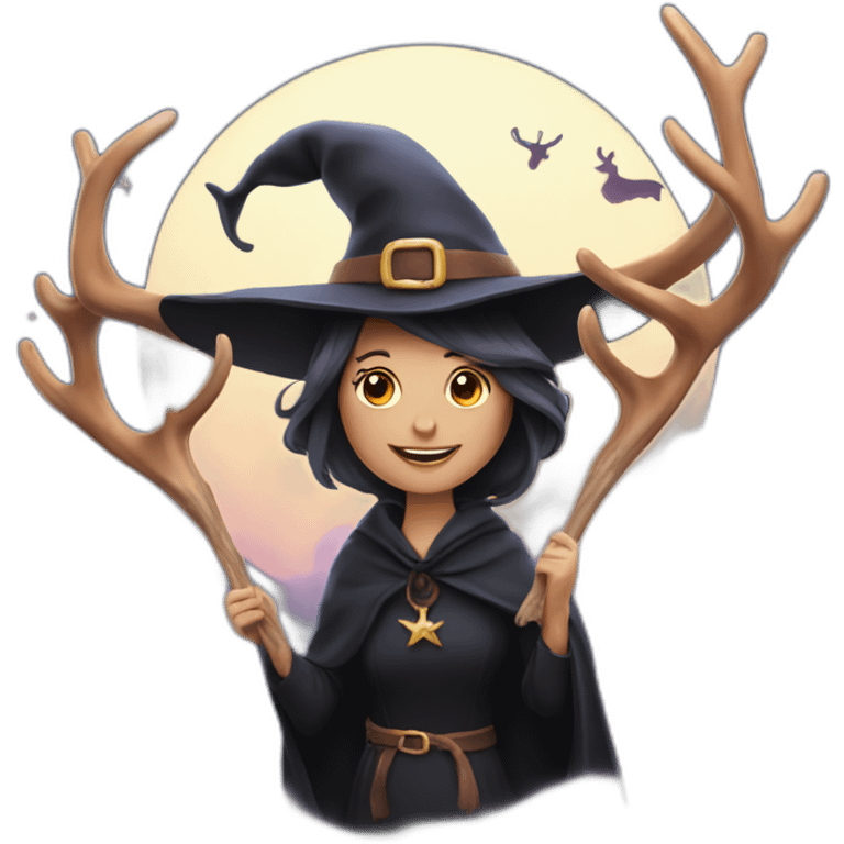 Witch with deer-antlers flying in sky emoji