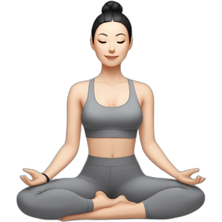 Pale skinned fit woman In a gray tight yoga suit and wristbands With black hair in a bun sits in the lotus position emoji