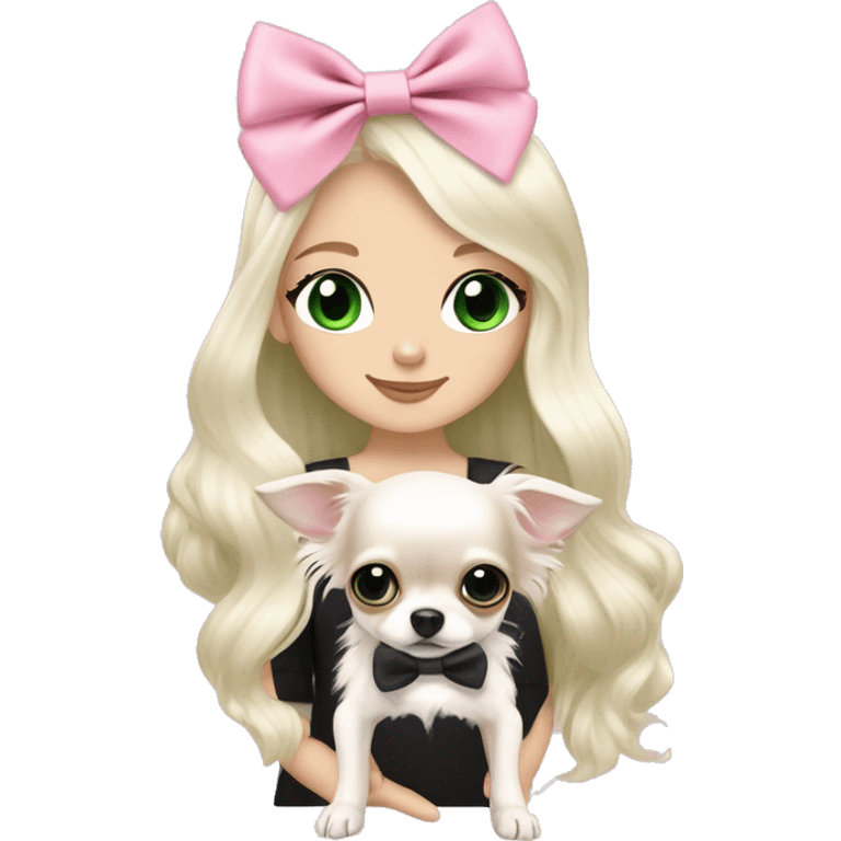 pale blonde girl with long platinum white wavy hair with bright green eyes and wearing a light pink hair bow holding a black and white long haired chihuahua puppy also wearing a hair bow emoji