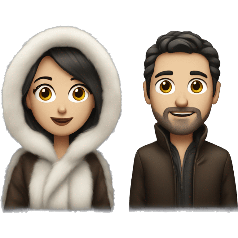 Dark haired White couple in long fur coats emoji