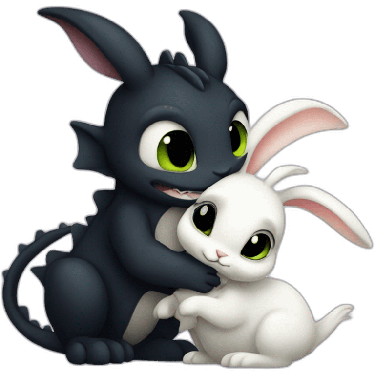 Toothless the dragon hugging a white bunny emoji