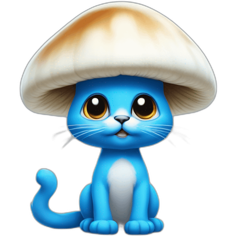 Blue smurf cat with large black eyes wearing a large white mushroom on his head casting a show on his face with a neutral face emoji