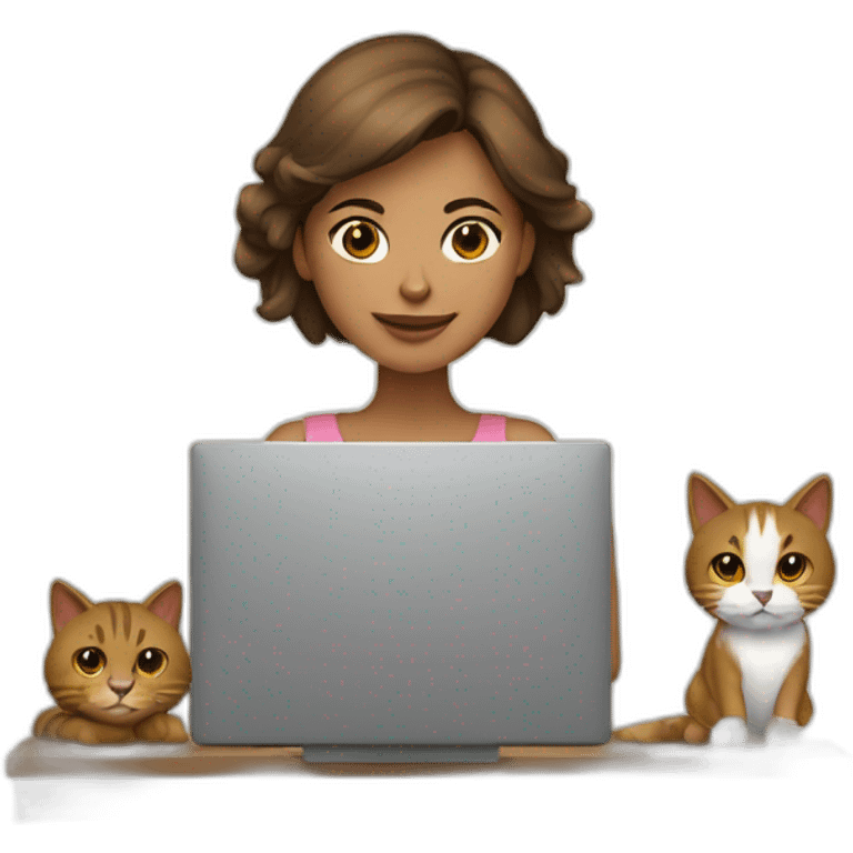 Mujer con pelo largo color castaño junto a un computador y un gato rayado emoji