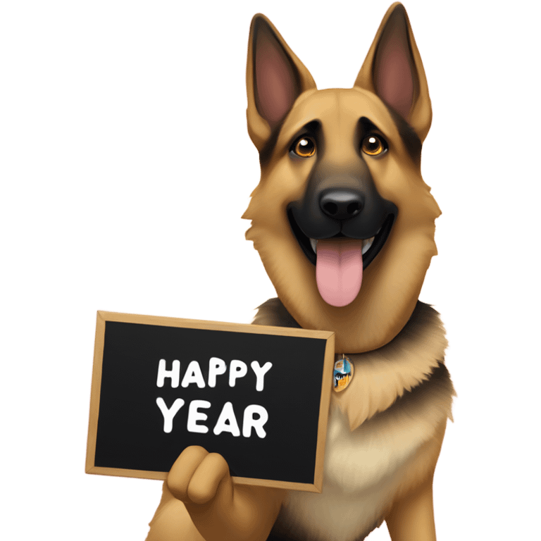 Blonde and brown German shepherd holding a sign that says “Happy New Year” emoji