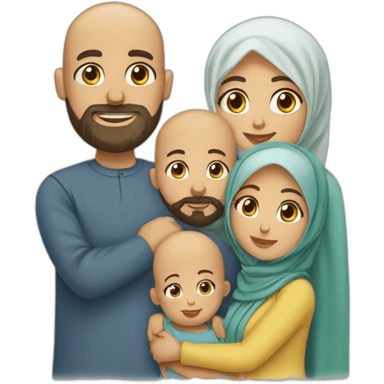 Muslim family with bearded and bald husband, hijab wife, Two boys and a new born daughter emoji